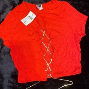 Windsor lace up red cropped tshirt, size medium, new with tags.